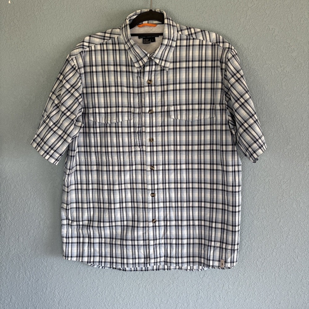 Royal Robbins Shirt Mens XL Blue Short Sleeve Button Up Cotton Hike Outdoors